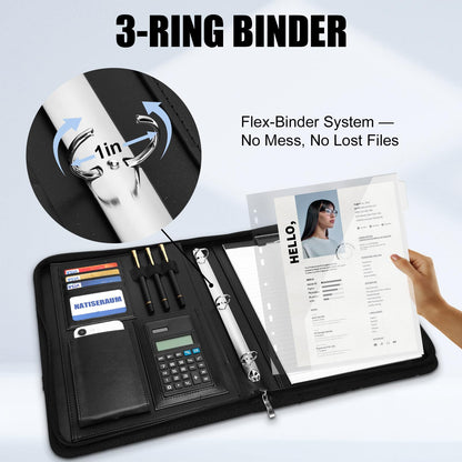 NATISERAUM Portfolio Binder 3 Ring Includes Pen and 5 Dividers with 10 Pockets, Padfolio Organizer with Magnetic Handle for Men and Women, Includes A4 Notepad for Business, School, Work