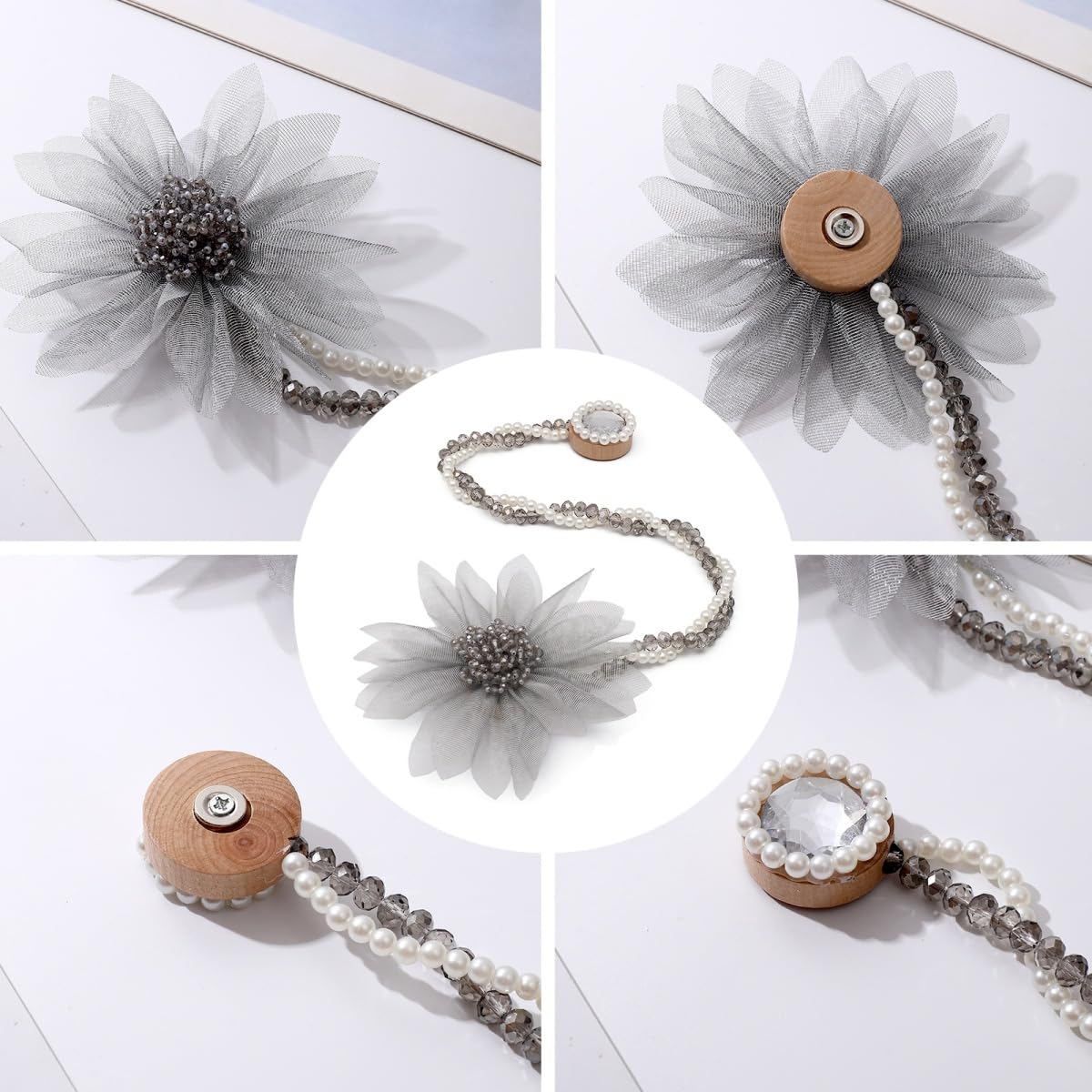 SUQ I OME 2 Pack of Handmade Crystal Pearl Beaded Magnetic Flower Curtain Tieback Holdback for Drapes（Gray