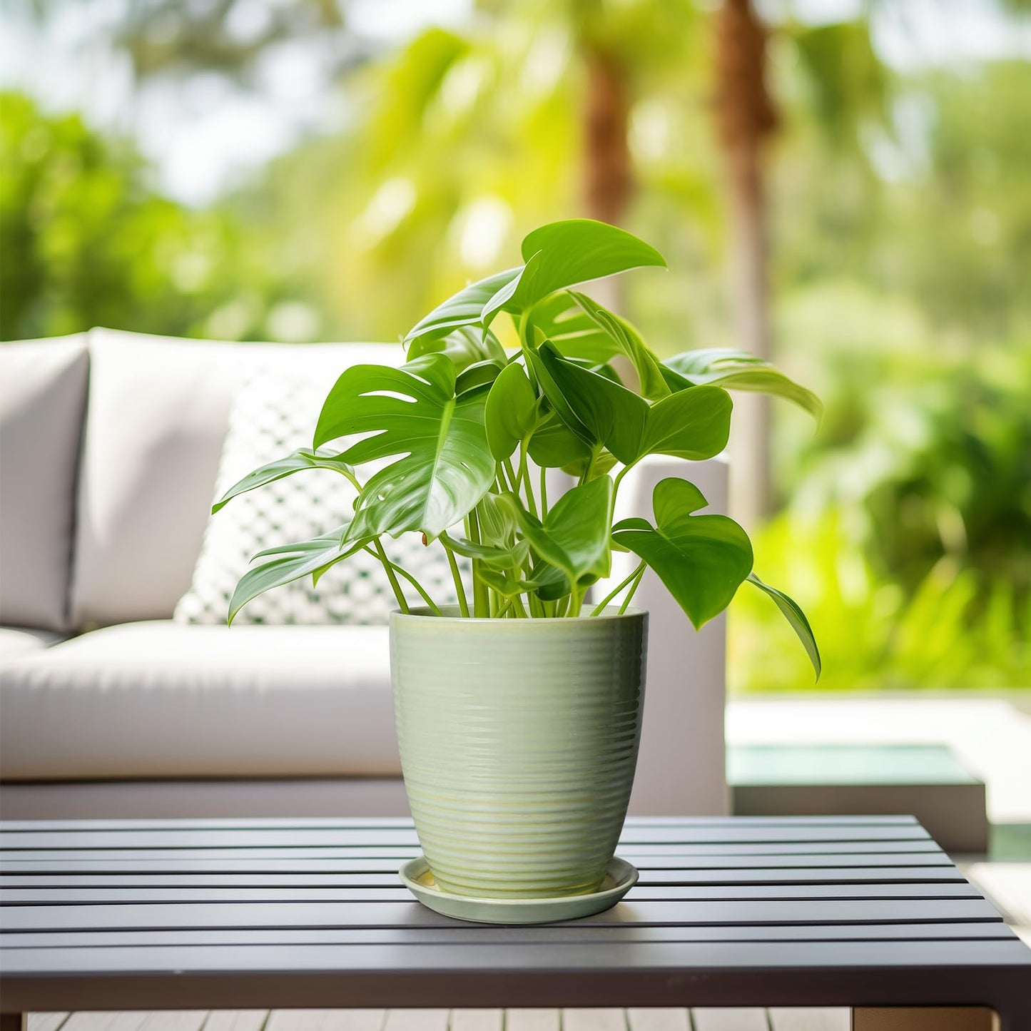 EPFamily Ceramic Pots for Plants - Modern Round 8 Inch Planter with Drainage Hole and Plant Saucer for Flower Indoor Outdoor, Home Decor, House Warming Gifts, Green