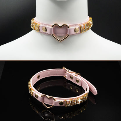 ADEMISHIA Handmade Gold Heart O-Ring Letter Choker Necklace for Women, Adjustable PU Leather Black/Pink Choker Collar For Women, Goth Choker Collars Necklace