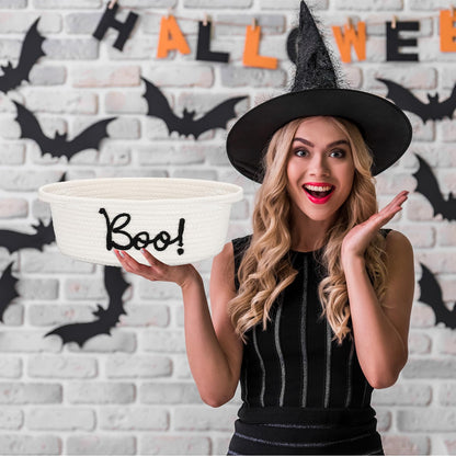 Reallnaive Halloween Boo Woven Basket Cute Storage Spooky Basket with Handle Boo Woven Trick or Treat Gift Organizer for Halloween Party Favors and Decorations Women Men(White,12 x 8 Inch)