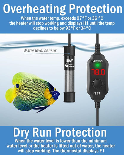 AquaMiracle Aquarium Heater 50W Fish Tank Heater for 5-10 Gal Tanks, LED Digital Display Thermostat Turtle Heater with Out-of-Water Auto Shut-Off, Overheat Protection & Memory Function