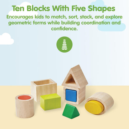 PlanToys® Geo Matching Blocks Wooden Shape Sorting Toy for Kids Ages 2+ | Montessori Activity for Colour Learning, Spatial Reasoning & Fine Motor Skills | Eco-Friendly Educational Toy