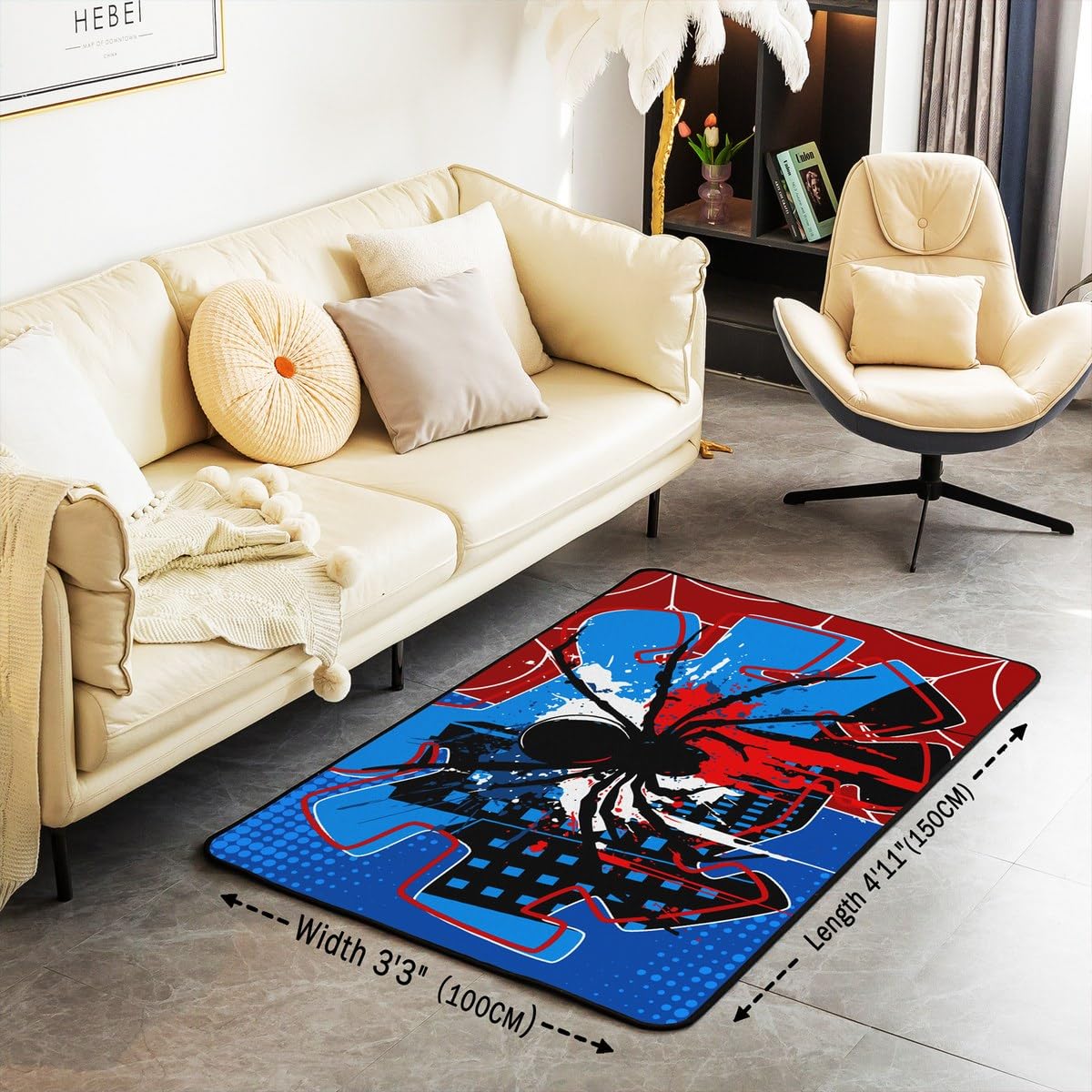 Spider Web Kids Area Rug,Spider Arachnid Insect Animal Indoor Floor Mat Entrance Rug for Boys Girls Women Men,Modern Block Halloween Non Slip Rug,Red Blue Unique Couch Living Room Decor,3'x5'