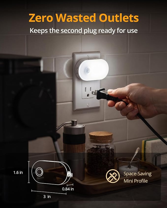 Lyridz 120LM Ultra Bright Plug-in Motion Sensor Night Light, Stepless Dimmable LED Nightlight, Always-On and Auto-Off, for Hallway, Stairs, Bathroom, Bedroom, Garage, Cool White (6-Pack)