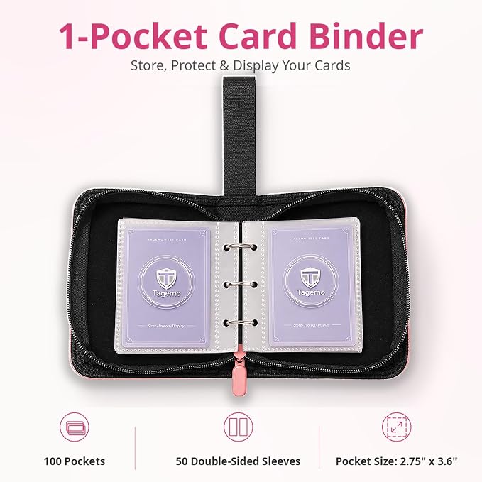 1 Pocket Card Binder with Zipper, 100 Pockets Mini Trading Card Album, Premium PU Leather Single Card Binder, Small Display Folder for TCG & Sports Cards