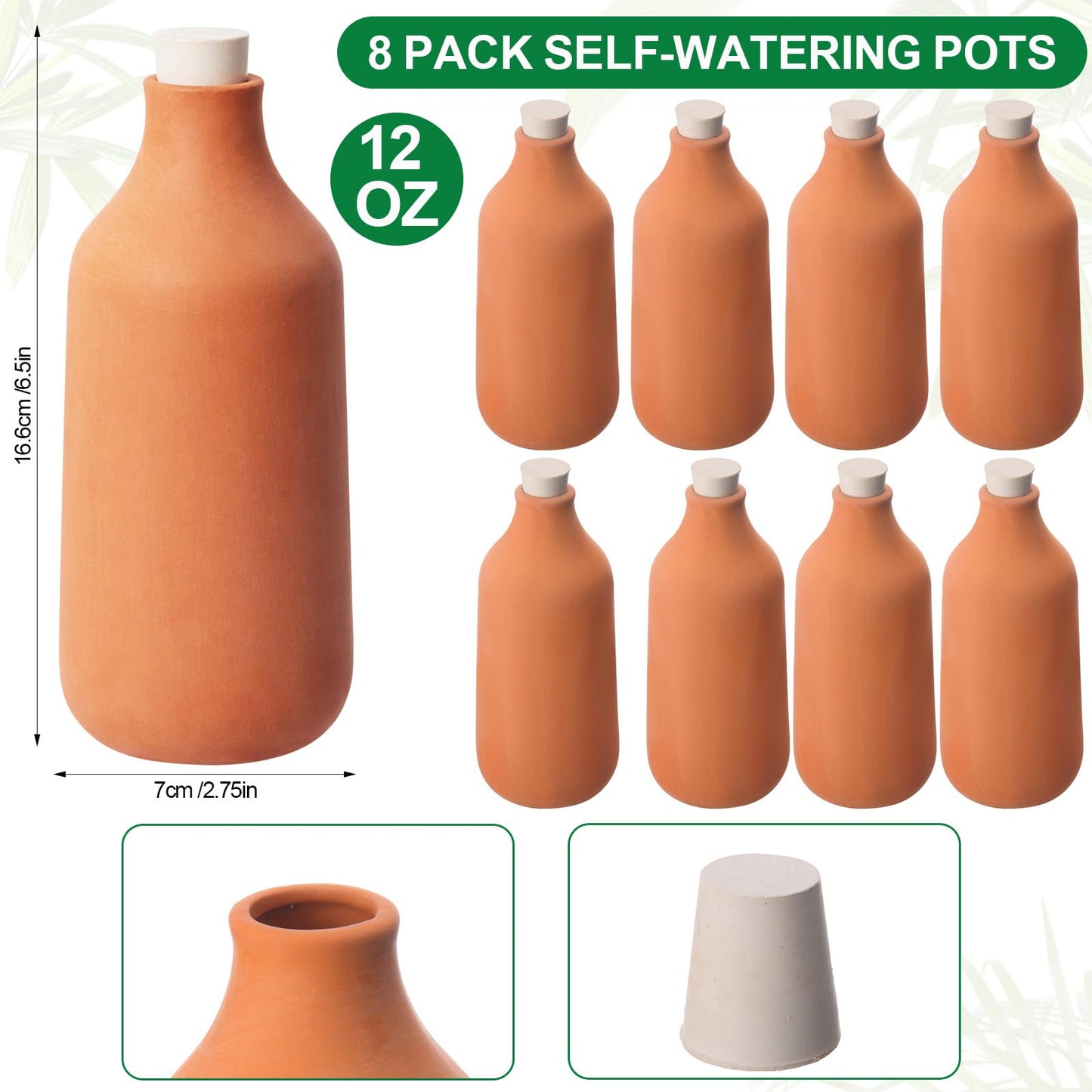 Acellegic 8 Pcs Ollas Terracotta Watering Pots Self-Watering Clay Plant Insert Spikes Globes Watering System for Garden Plants Outdoor Indoor Plants Irrigation with Rubber Stopper Easy to Refill