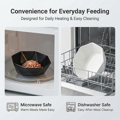 Raised Cat Bowl - Ceramic Tilted Elevated Food Bowl for Indoor Cats & Small Dogs - Shallow Wide Whisker-Friendly Design - Pet Dish Suitable for Feeding Dry, Wet, Treats & Canned Food - Black