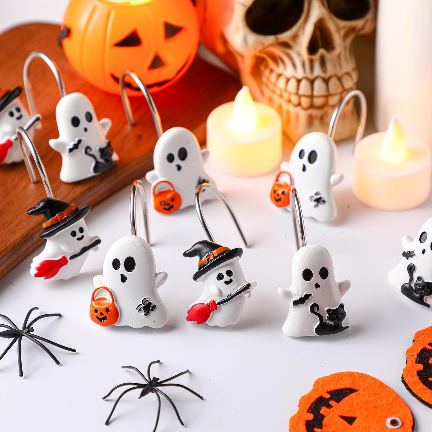 Colingmill 12 Pcs Halloween Ghost Shower Curtain Hooks Xmas Shower Curtain Hooks Halloween Bathroom Decor Rings for Bathroom Bedroom