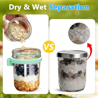 4 Pack Overnight Oats Containers with Lids and Spoons, 20oz Dual-Layer Overnight Oats Jars with Dry and Wet Separation, Thick Glass Mason Jars for Yogurt Dressings Salad & Snacks