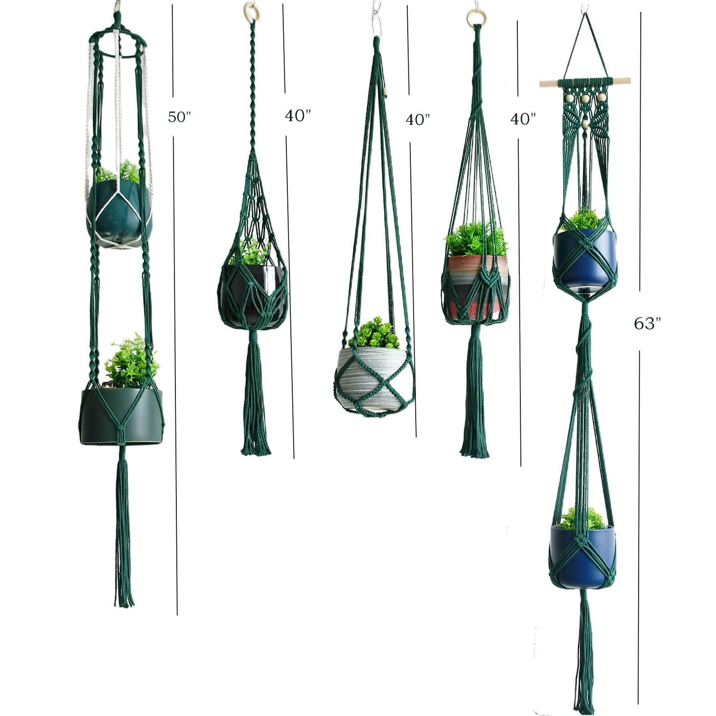 Macravine 5 -Pack Plant Hanging Holder, Indoor Boho Plant Pot Holder, Handmade Art Plant Hanger, Chic Plant Hanger for Ceiling/Window/Garden Decor, 40",50",63", Dark Green(No Pot & Plant Included)
