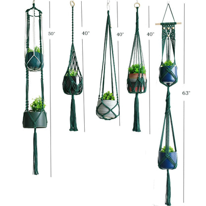 Macravine 5 -Pack Plant Hanging Holder, Indoor Boho Plant Pot Holder, Handmade Art Plant Hanger, Chic Plant Hanger for Ceiling/Window/Garden Decor, 40",50",63", Dark Green(No Pot & Plant Included)