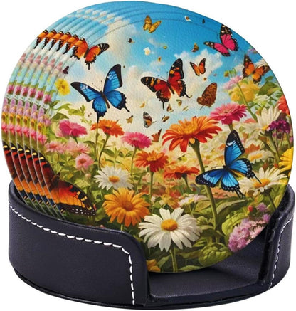 BOXIMIAO Drink Coasters with Holder Stand Set of 6, Bright Flower Butterfly Pu Leather Absorbent Coasters with Cork Base Table Coaster Round Coasters for Housewarming Apartment Kitchen Bar Decor