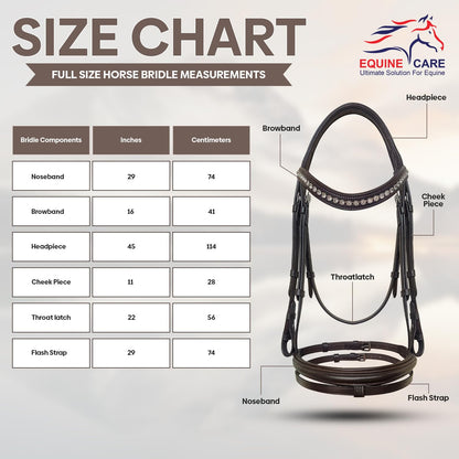 Equine Care Leather English Horse Bridle with Reins, Full Size Havana Brown, Raised Fancy-Stitched Hunter Show Bridle with Clear Crystal Browband, Padded Crownpiece, Stainless Steel Hardware