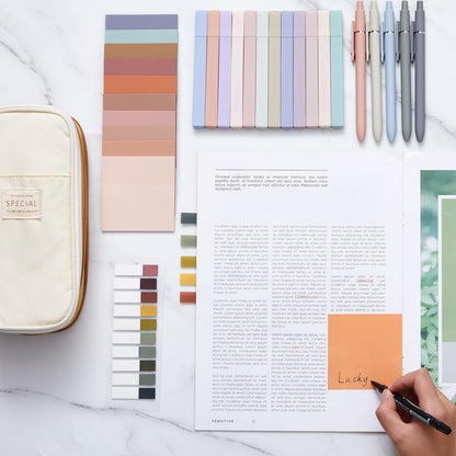 Jutom 39 Pcs Aesthetic Book Annotation Kit Highlighter with Case Bag Gel Pen Transparent Sticky Note Taking Bible Supplies(Khaki,Cute Style)