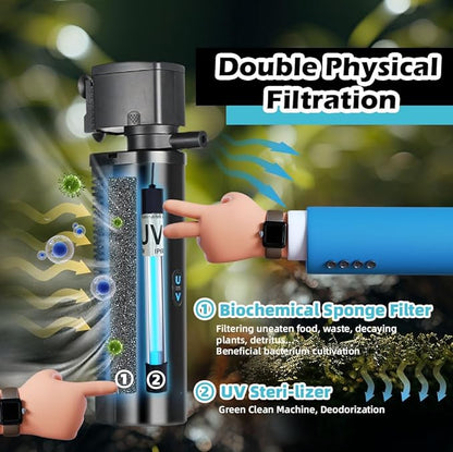 Aquarium Filter for 100-500 Gallon Tank, U-V Fish Tank Green Clean Machine Submersible Powerful Pump Canister Filter 600GPH for Pond Turtle Tank Saltwater Freshwater Crystal Clear Green Killing