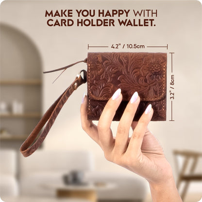 Toros Craft Handmade Wristlet Wallets for Women, Western Floral Leather Small Credit Card Holder with Zipper, Minimalist & Cute Coin Pouch, Genuine Leather, Dark Brown