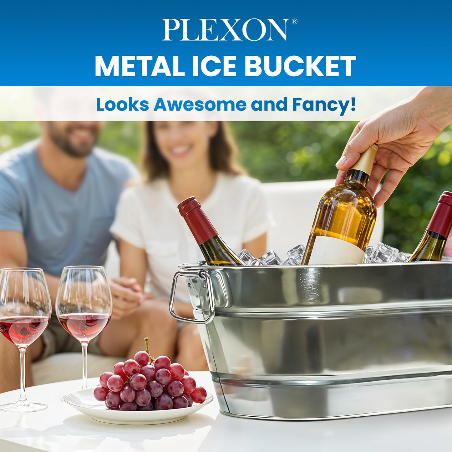 PLEXON Metal Ice Bucket for Parties - Galvanized Tub with Handles - Beverage Tub - Ice Bucket for Cocktail Bar Restaurant - Drink Beer Champagne Chiller Cooler - 5.3 Gallon (20L), Set of 2
