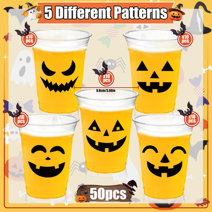 CUPLOOV 50 Pack Halloween Plastic Cups Clear 12Oz Disposable Pumpkin Cups With 5 Styles Patterns for Kids Adults Party Favors, Coffee, Wine, Hot and Cold Drinks