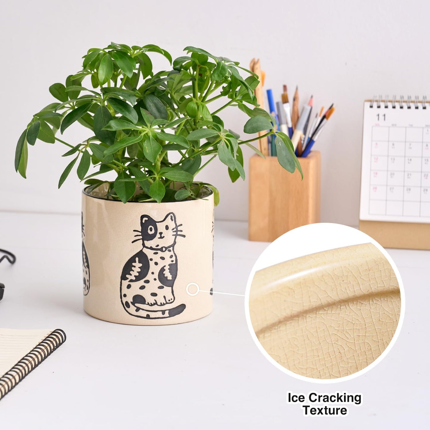 STHIE 5 Inch Ceramic Plant Pots with Drainage Holes, Small Round Flower Pots for Indoor Plant, Unique Animal Flower Planters (Cat)