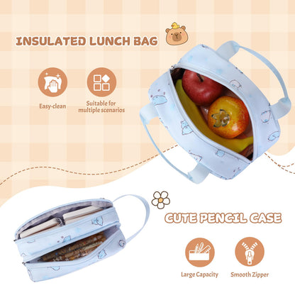Similove Capybara Theme Backpack for School Girls, 35PCS Kids Backpack Set with School Supplies Stationery Kit Lunch Box Pencil Case, Cute Girls Bookbag for Kindergarten Elementary Student