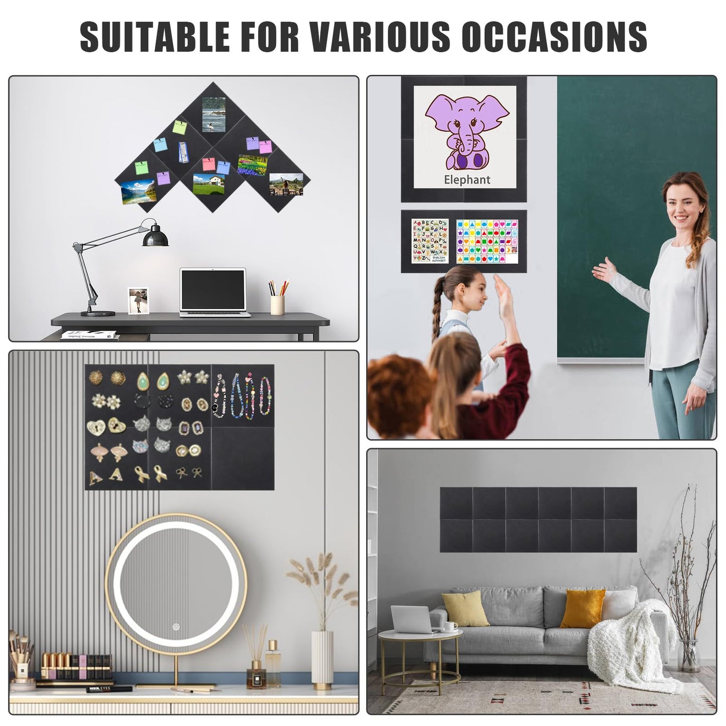 Large Cork Board Alternative 48" X 36" Black Bulletin Board - 12 Pack Removable Felt Wall Tiles with 30 pushpins, Large Cork Boards for Walls Cork Board for Office Pin Board Tack Board