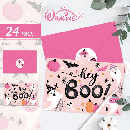 Whaline 24 Pcs Halloween Greeting Cards Boo Ghost Blank Note Cards with Pink Envelopes Stickers for Home Office Classroom Invitations Party Supplies, 4 x 6 Inch