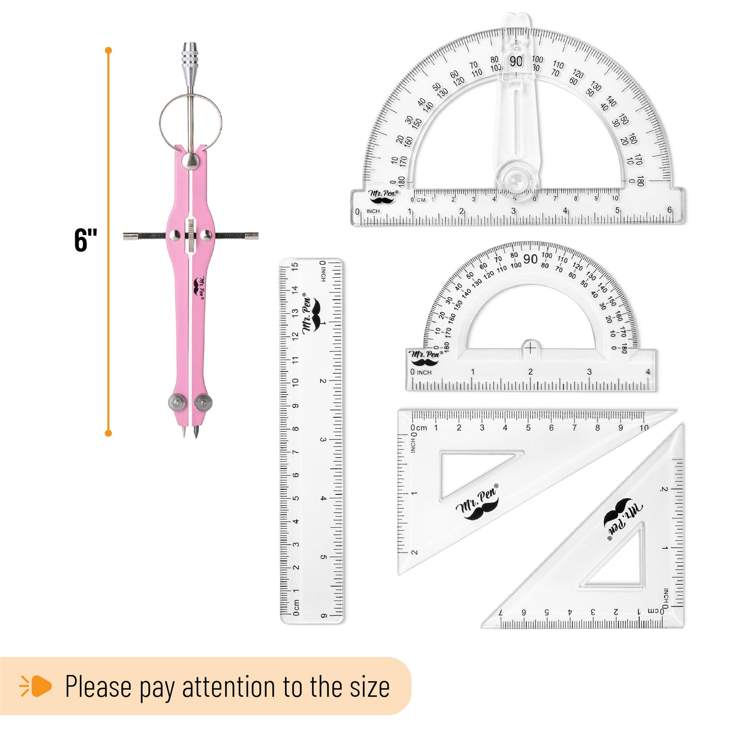 Mr. Pen- Geometry Set, 15 pcs, Pink, 6 Inch Swing Arm Protractor, Divider, Set Squares, Ruler, Compasses and Protractor