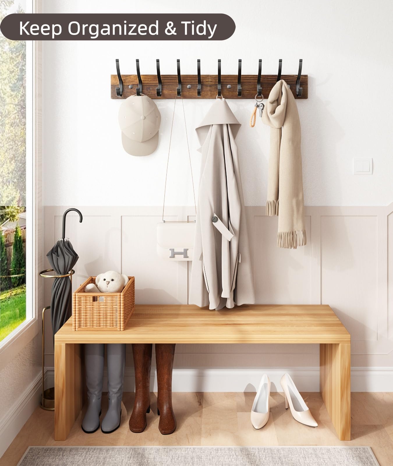 Optish 2 Pack Wooden Coat Rack Wall Mount, 16.1" Rustic Coat Hanger Hooks with 10 Double Hooks, Wall Coat Rack for Hat, Clothes, Bags, Jacket, Brown