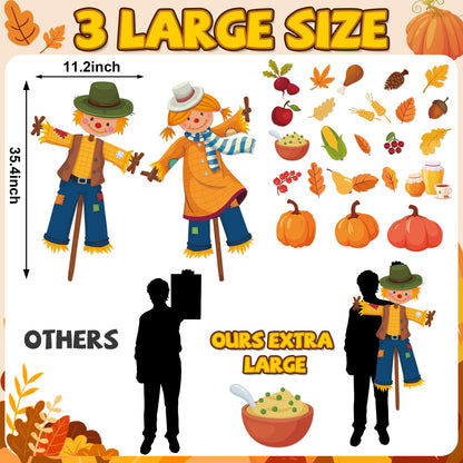 Thanksgiving Fall Window Clings Decorations Extra Large Fall Scarecrow Window Stickers Autumn Leave Pumpkin Glass Windows Decal for Home Office Classroom Decor Thanksgiving Autumn Party Supplies
