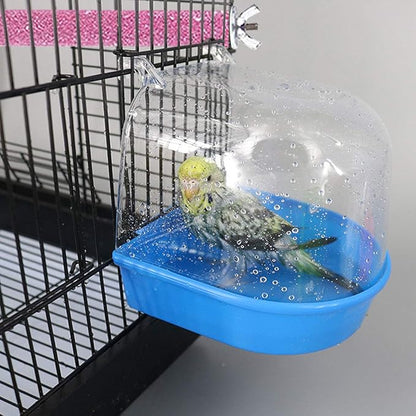 PINVNBY 2Pcs Bird Bath for Cage,Parrot Bathtub for Cage,Hanging Bird Bathing Tub with 2Pcs Water Injector and 2Pcs Feeding Spoon for Canary Budgerigar Lovebird Birds (Blue and Green)