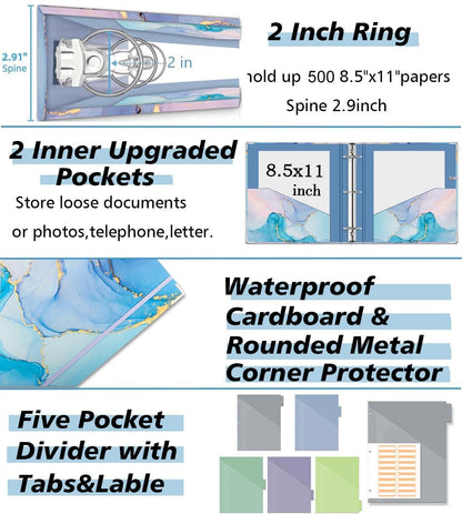 2 Inch 3 Ring Binder Organizer with Clipboard, 5-Tabs Pockets Dividers, Plastic Folder, 18 Divider Stikers, KLLVE Three Ring Binder with Pen Loop (Blue Marble, Letter Size)