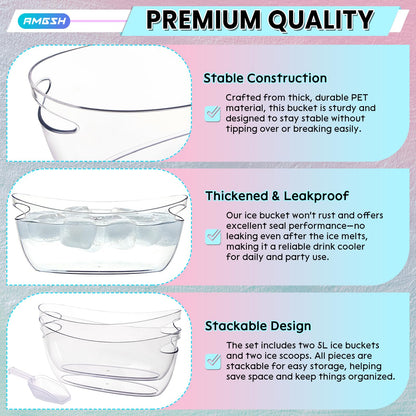 AMGSH 2 Pcs Ice Bucket, 5L Beverage Tub with Scoops, Clear Ice Buckets for Parties, Portable Drink Cooler for Cocktail Bar, Champagne Bucket for Beverage/Wine/Beer, Mimosa Bar Supplies Chiller Tub