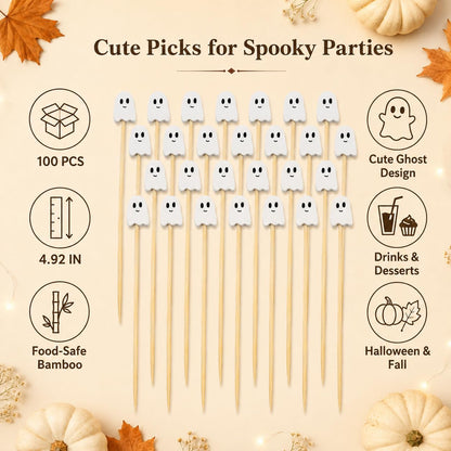 100 Pcs Ghost Cocktail Picks for Halloween and Fall – Bamboo Toothpicks with Cute Ghost Design for Appetizers, Fruit, Desserts, Coffee Drinks, Cake Toppers and Party Decorations (white)