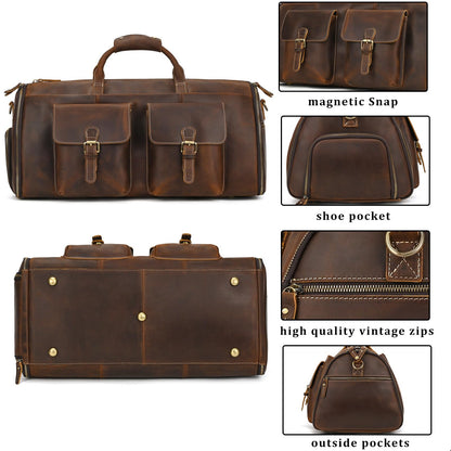 Leather Garment Bag for Men, Convertible Carry on Garment Duffel Bag for Travel Weekender Bag 2 in 1 Hanging Suitcase Suit Bag