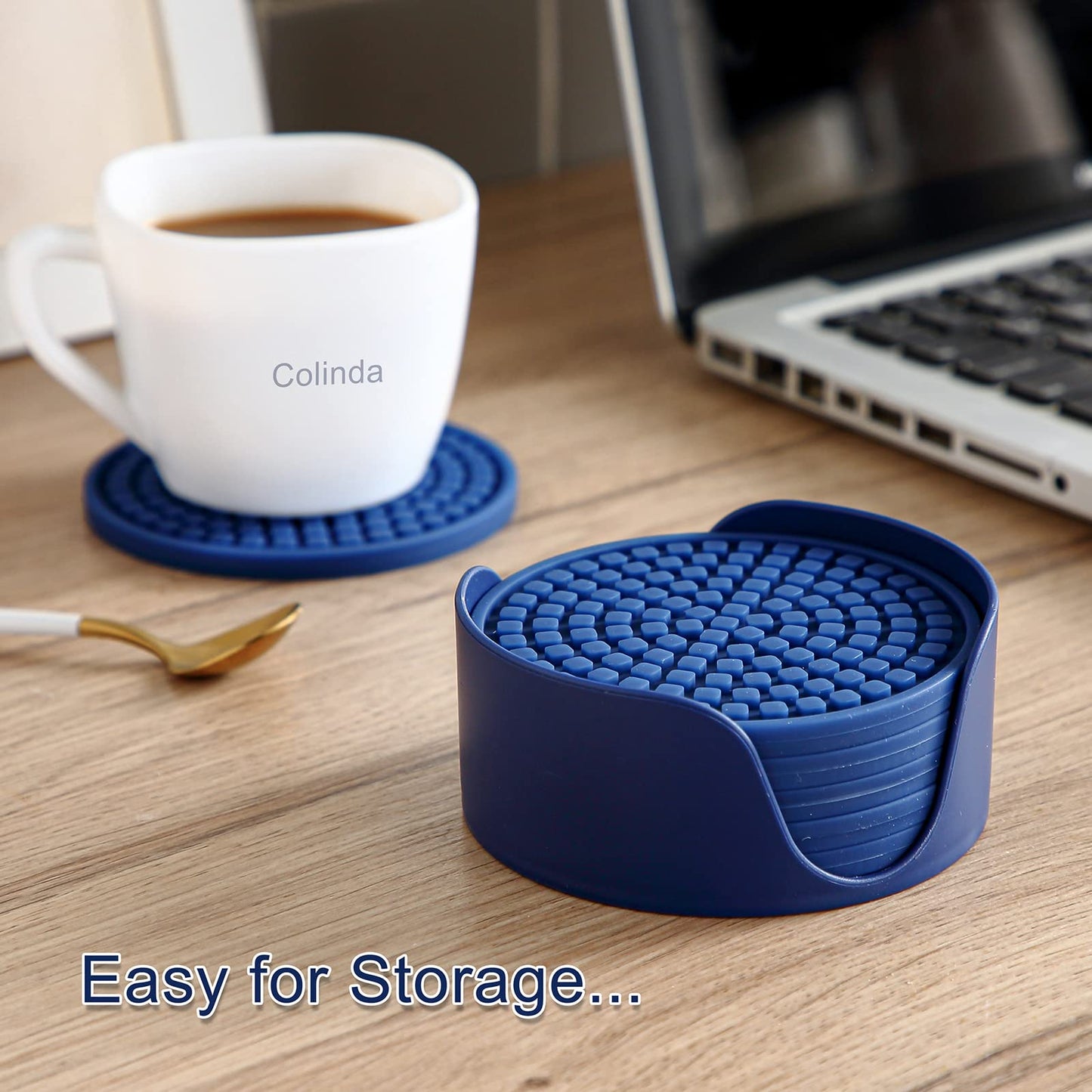 Colinda Silicone Drink Coasters with Holder, Set of 6, Outdoor Cup Mat for Hot or Cold Drinks, Thickened, Non-Slip,Non-Stick, Black
