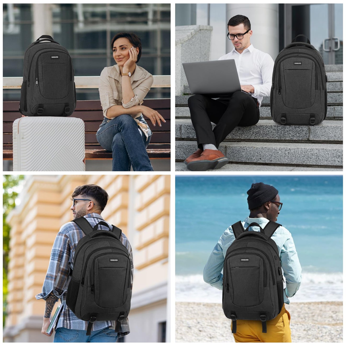 WINDARS Backpack for Men and Women, School Backpacks for Teens Boys, 15.6 Inch Large College Bookbag Durable Computer Laptop Bag with USB Charger Port for Business Work Travel, Black