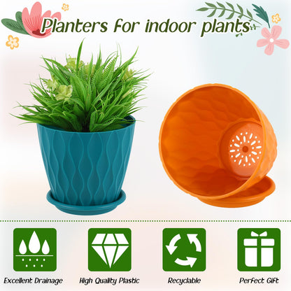 Suclain 10 Pack 6 Inch Plant Pots with Drainage Hole and Tray Saucer Plastic Flower Pots for Indoor Plants for Your Room, Office, Garden Decor(Wave)