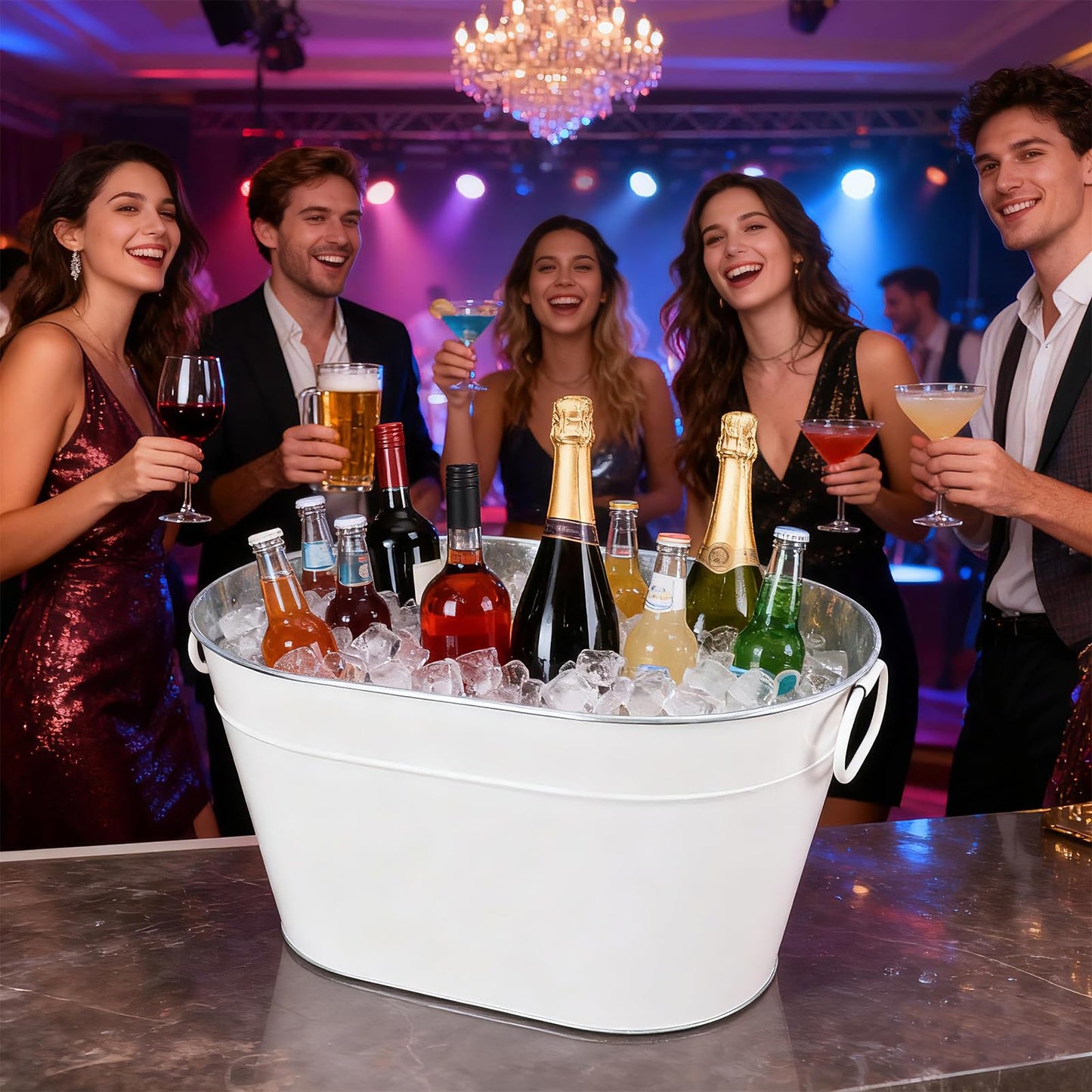 1PC Galvanized Tub Ice Bucket for Parties, Thick Metal Galvanized Drink Buckets, Beverage Tub with Handles, Drink Bucket for Indoor & Outdoor Party (White)