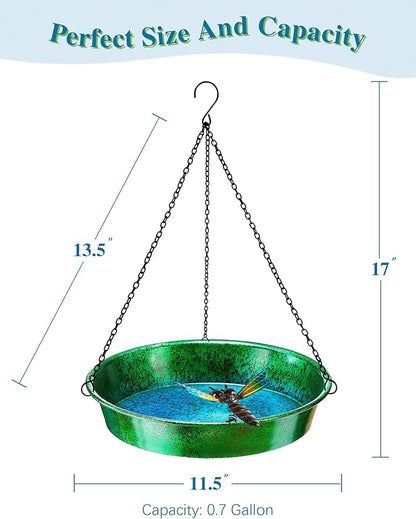 Hanging Bird Bath for Outside, 11.5” Metallic Green & Blue Metal Birdbath Bowl & Feeder with Black Chain Outdoor Garden Yard Decor