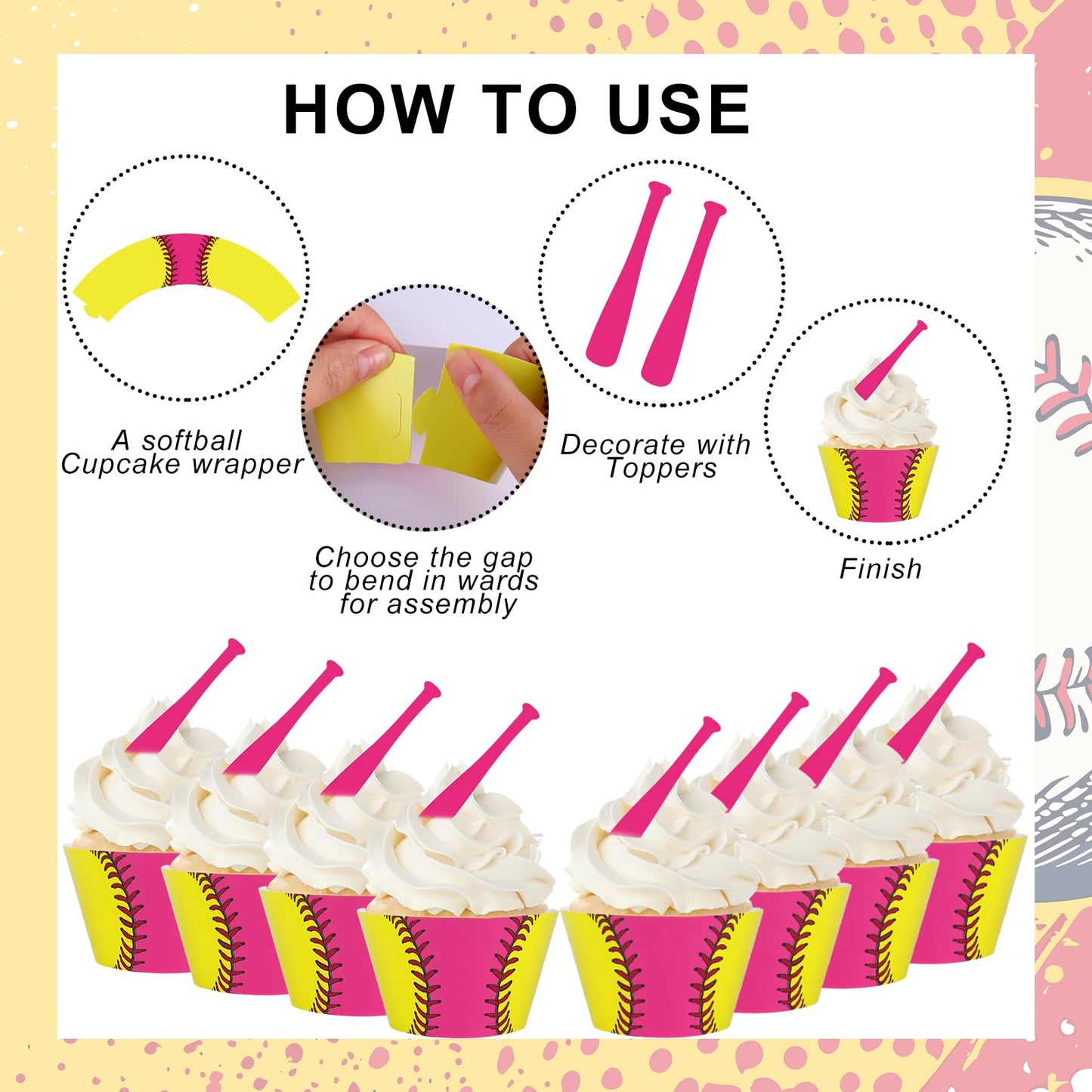 Whaline 36 Pcs Softball Cupcake Wrappers and Toppers Pink Bat Cupcake Liners Decorative Dessert Holders for Sweet Sport Party Cake Decoration