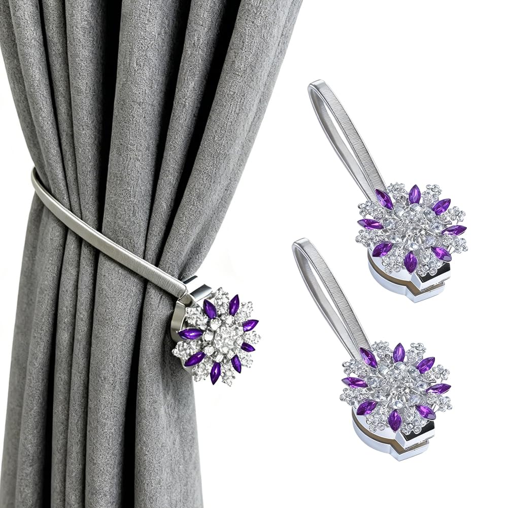 Magnetic Curtain Tiebacks, 2 Pack Spring Wire Curtain Holdbacks - YueLvoe No Drill Wall Mounted Tie Backs for Indoor/Outdoor Curtains, Modern Pull Backs for Home Office Decor (Purple)