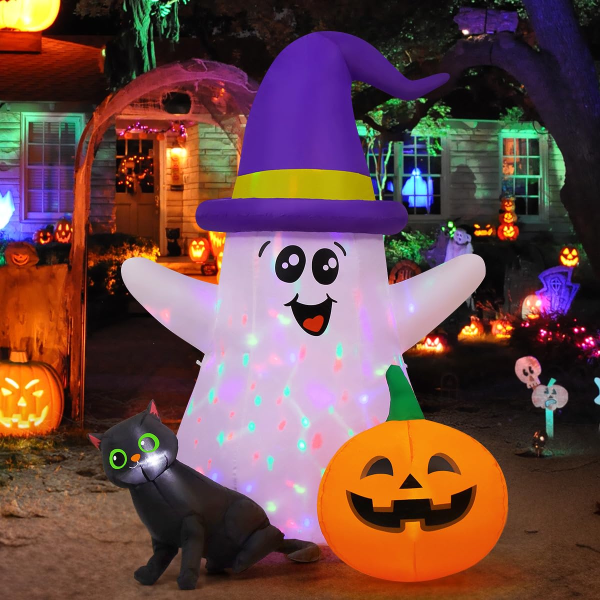 GOOSH 5 FT Halloween Inflatables Ghost Outdoor Decorations Blow Up Yard Cute Wizard Ghost with Black Cat Pumpkin with Built-in LEDs for Garden Lawn Indoor Party Decor