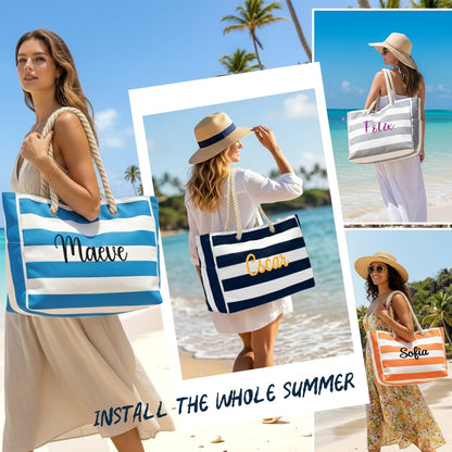 Ulico Personalized Beach Tote Bag for Women with Embroidered Name, Custom Large Waterproof Pool Bag with Zipper, Sandproof Swim Tote for Travel