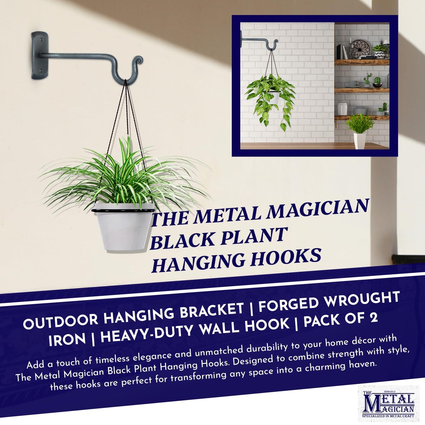 The Metal Magician 2Pc Plant Hangers Outdoor, Indoor, Wrought Iron Metal Hanger Indoor Hook, Heavy Duty Wall Bracket Hooks for Hanging Plants Baskets Lanterns Wind Chimes, Antique Nickel Extended U