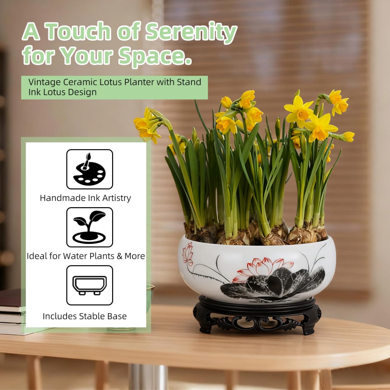 DOITOOL Blue and White Porcelain Lotus Bowl Planter Pot with Stand Ceramic Hydroponic Container for Water Lily Narcissus Bonsai Indoor Home Office Garden Decor