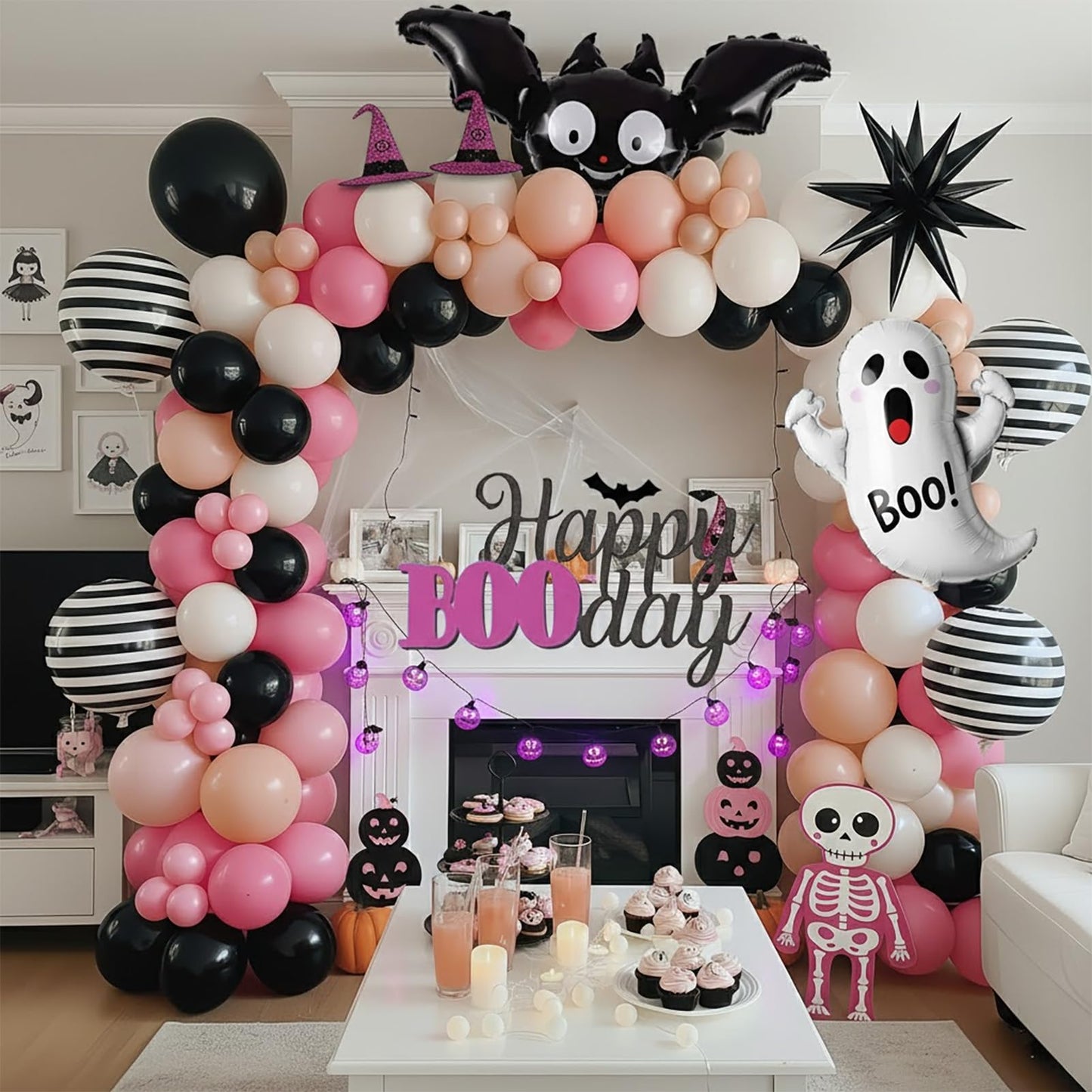 Summerween decorations with Pink black orange balloon garland arch kit bat ghost mylar foil balloons for girl baby shower happy boo day spooky one 1st birthday Halloween Trunk or Treat Car Decorations