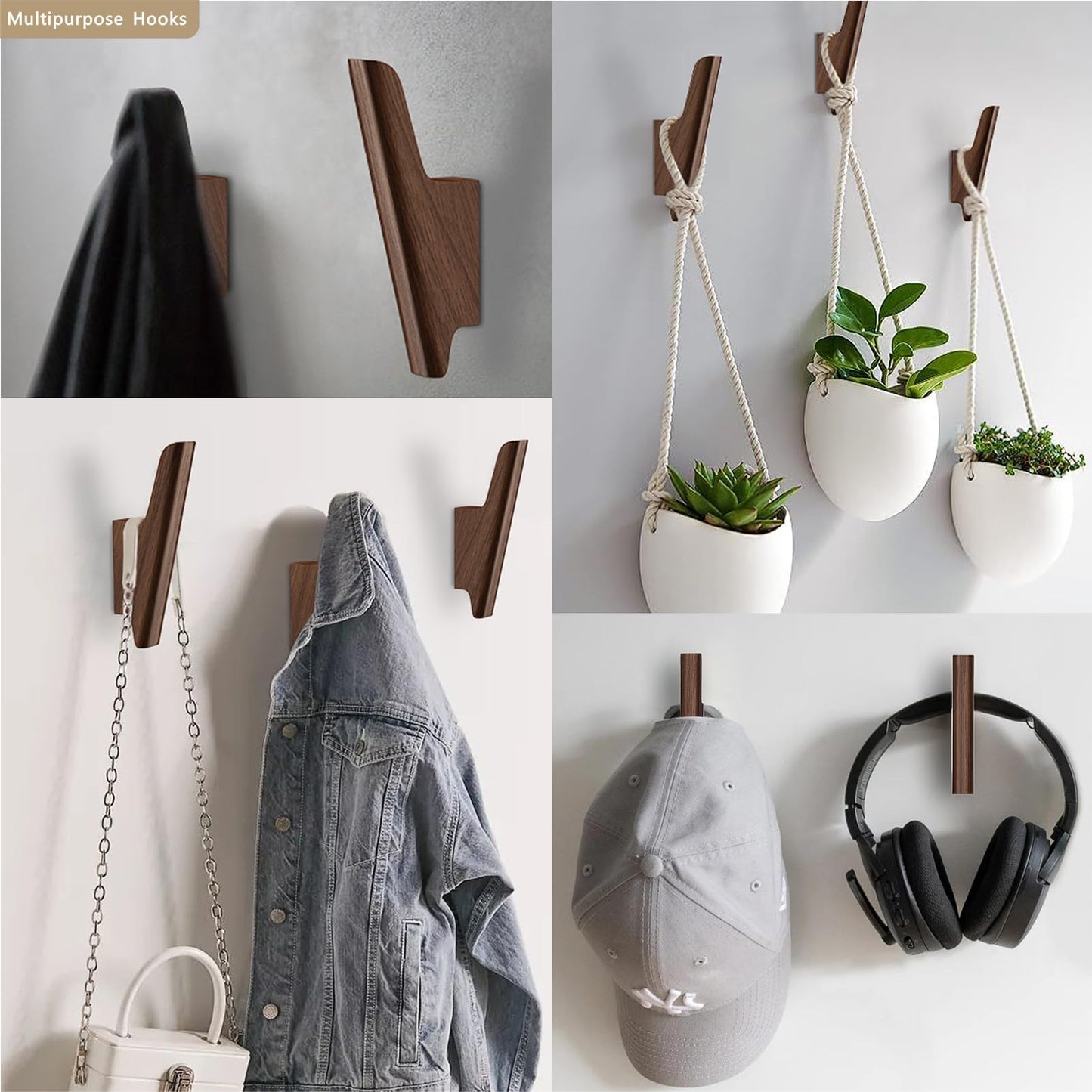 FCOWK Wood Wall Hooks 4 Pack Coat Hooks Wall Mount Walnut Wooden Hooks for Hanging Hat, Bag, Backpack, Rustic Coat Hooks for Wall, Wood Towel Hooks for Bathrooms and Entryway Hooks (Walnut, Dark)