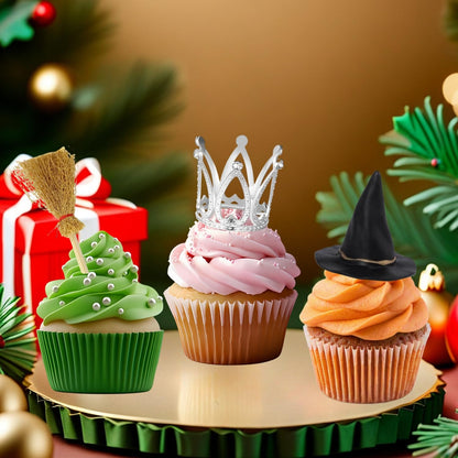 XLENGO 18 Pcs Witch Birthday Cupcake Toppers, Witch Hat Cake Topper Crown and Broom Cake Decorations for Witch Themed Birthday Party Supplies