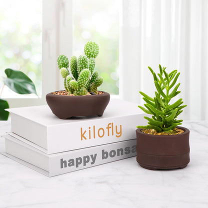 Bonsai Planter 2 pc 3.0" + 3.7" Unglazed Round Ceramic Succulent Pots Set